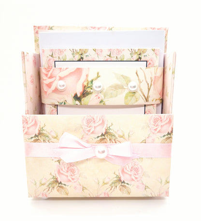 42-Pc Stationery Gift Box Set w/Reusable Desktop Organizer Box and Gold Pen - Shabby Chic Pink Roses - Chic Brico