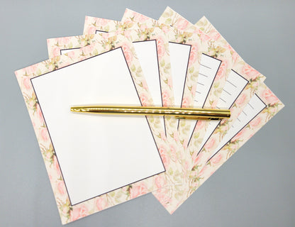 42-Pc Stationery Gift Box Set w/Reusable Desktop Organizer Box and Gold Pen - Shabby Chic Pink Roses - Chic Brico