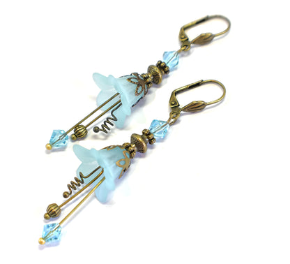 Vintage Victorian Style Aqua Blue and Antique Bronze Bell Flower Lucite Earrings - Chic Brico