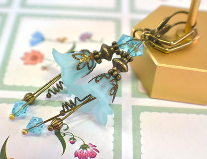 Vintage Victorian Style Aqua Blue and Antique Bronze Bell Flower Lucite Earrings - Chic Brico