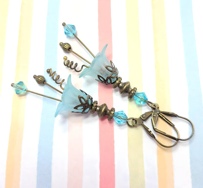 Vintage Victorian Style Aqua Blue and Antique Bronze Bell Flower Lucite Earrings - Chic Brico