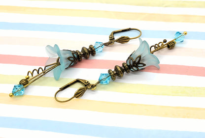 Vintage Victorian Style Aqua Blue and Antique Bronze Bell Flower Lucite Earrings - Chic Brico