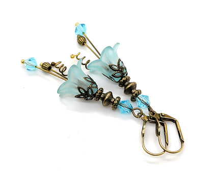 Vintage Victorian Style Aqua Blue and Antique Bronze Bell Flower Lucite Earrings - Chic Brico