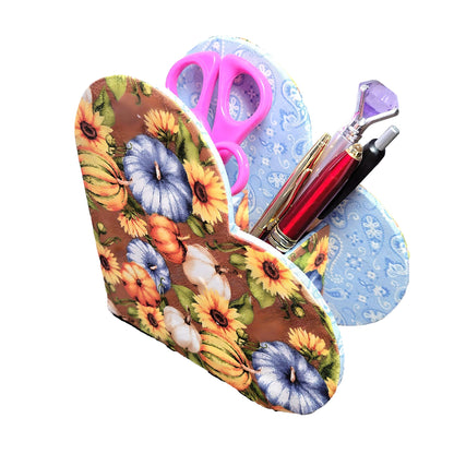 Desktop Organizer, Heart-Shaped, 100% Cotton Fabric, Fall Autumn Theme, Pumpkins and Leaves - Chic Brico