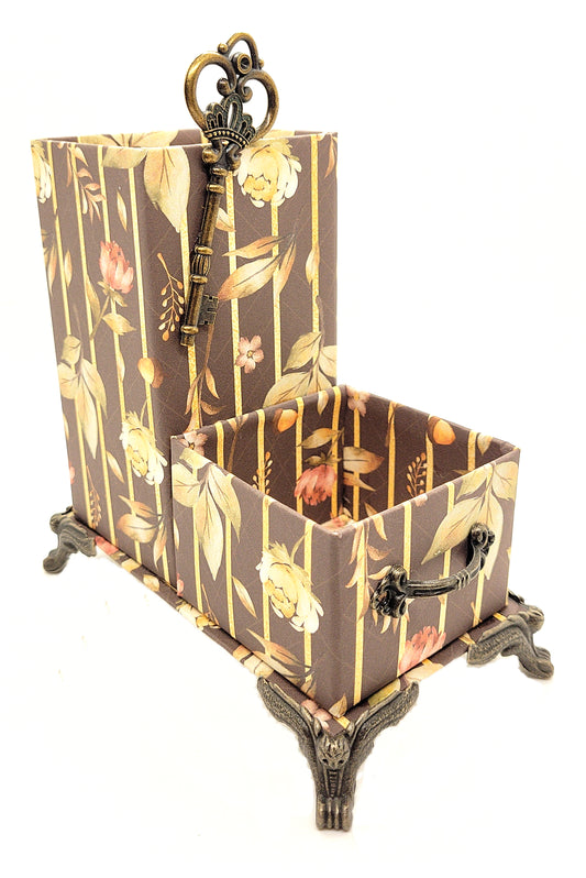 Office Desktop Organizer for Him for Pens and Clips w/Antique Key Accent - Autumn Trellis Leaves - Chic Brico
