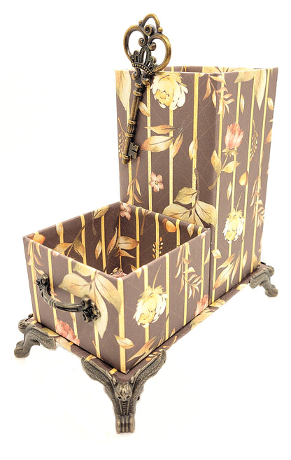 Office Desktop Organizer for Him for Pens and Clips w/Antique Key Accent - Autumn Trellis Leaves - Chic Brico