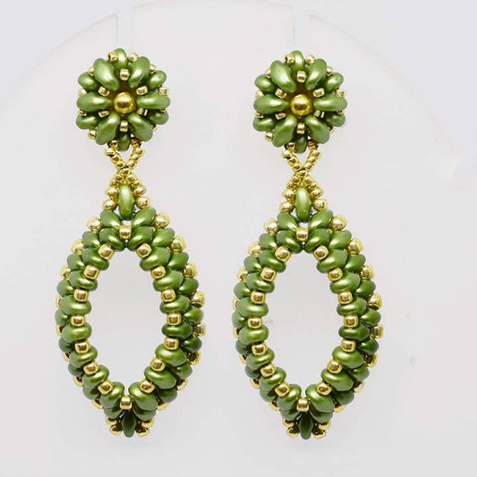 Olive Green and Gold Two-Layer Oval Hoop Drop Earrings - Chic Brico