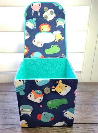 Fabric Covered Tissue Box Holder, Kid's Bedroom Decor, Cartoon Animals - Chic Brico