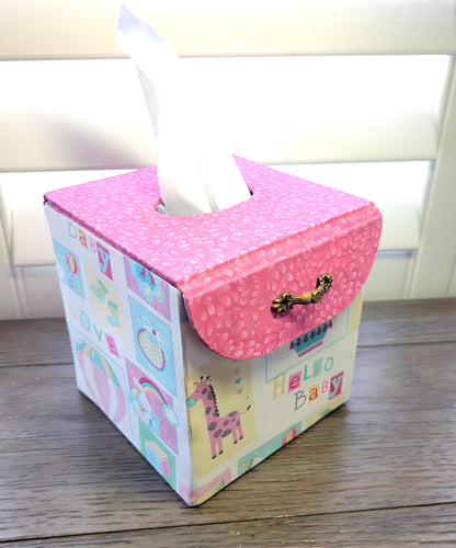 Fabric Covered Tissue Box Holder, Kid's Bedroom Decor, Hello Baby Pink Balloons - Chic Brico