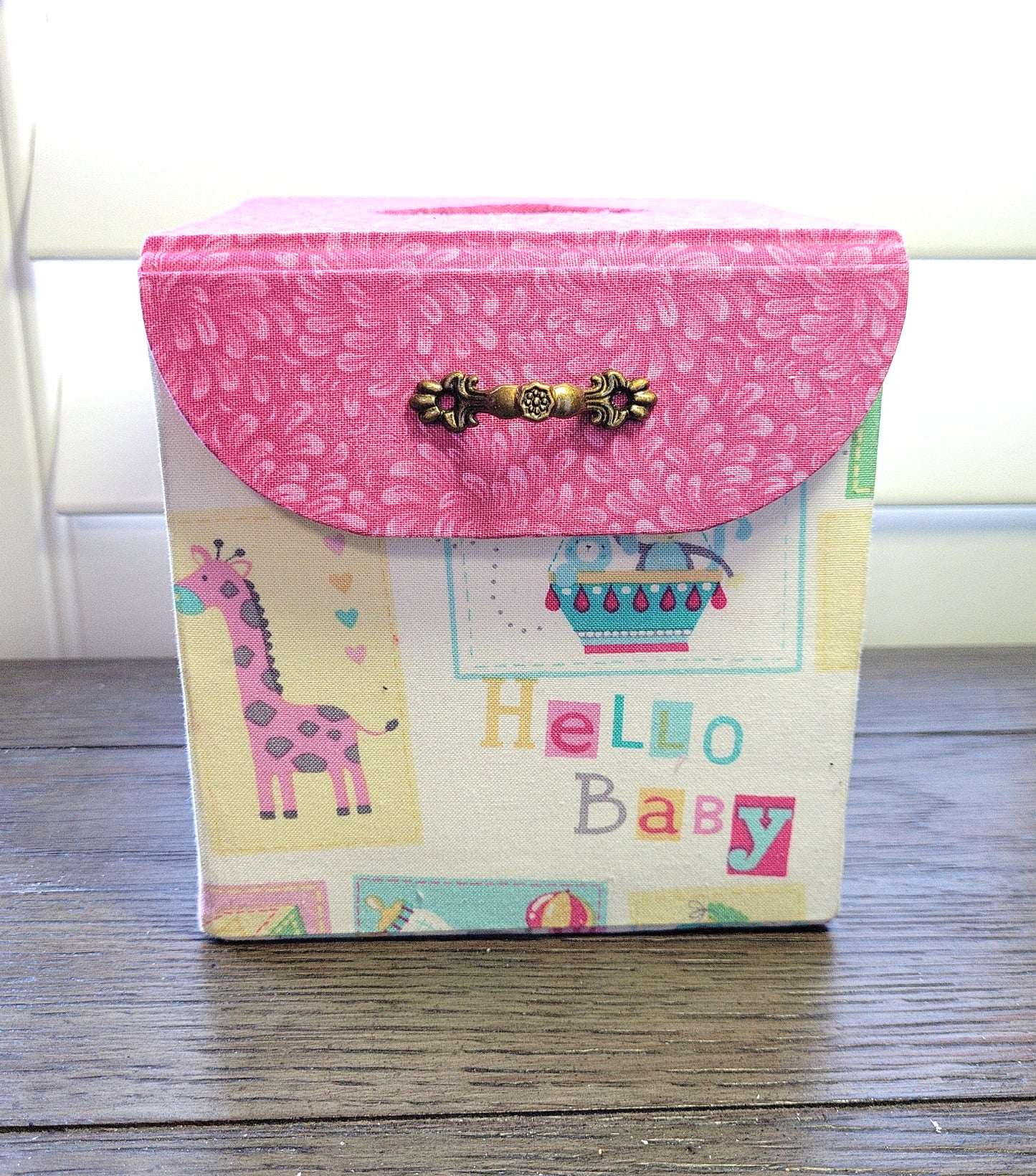 Fabric Covered Tissue Box Holder, Kid's Bedroom Decor, Hello Baby Pink Balloons
