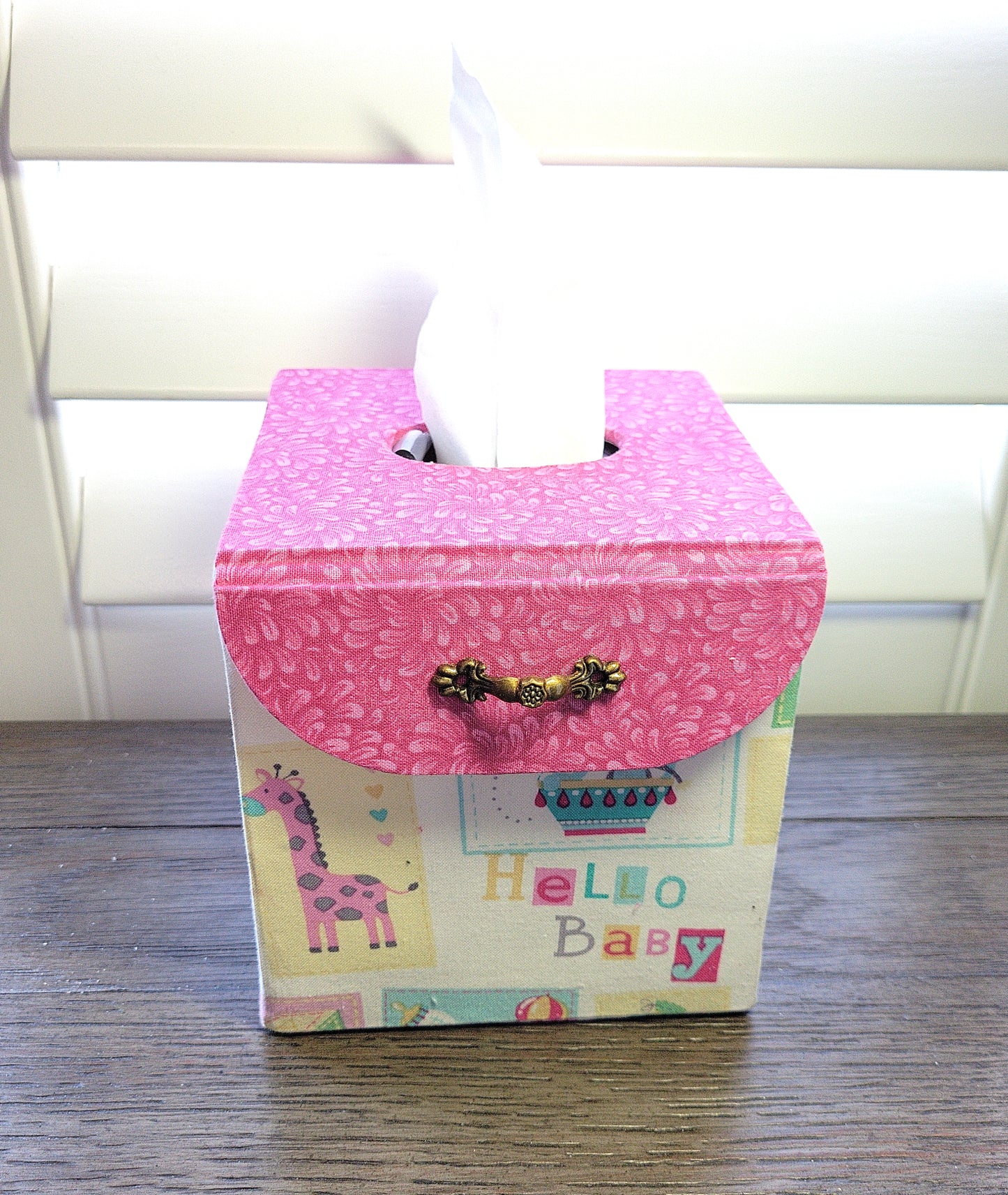 Fabric Covered Tissue Box Holder, Kid's Bedroom Decor, Hello Baby Pink Balloons