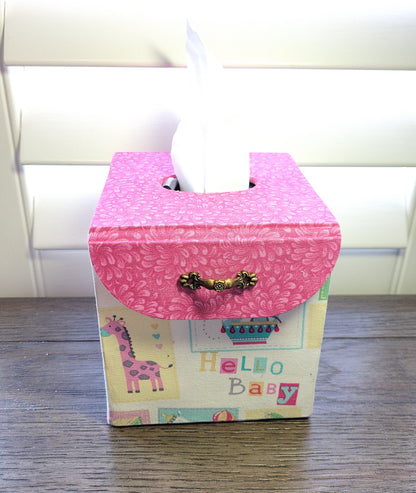 Fabric Covered Tissue Box Holder, Kid's Bedroom Decor, Hello Baby Pink Balloons - Chic Brico