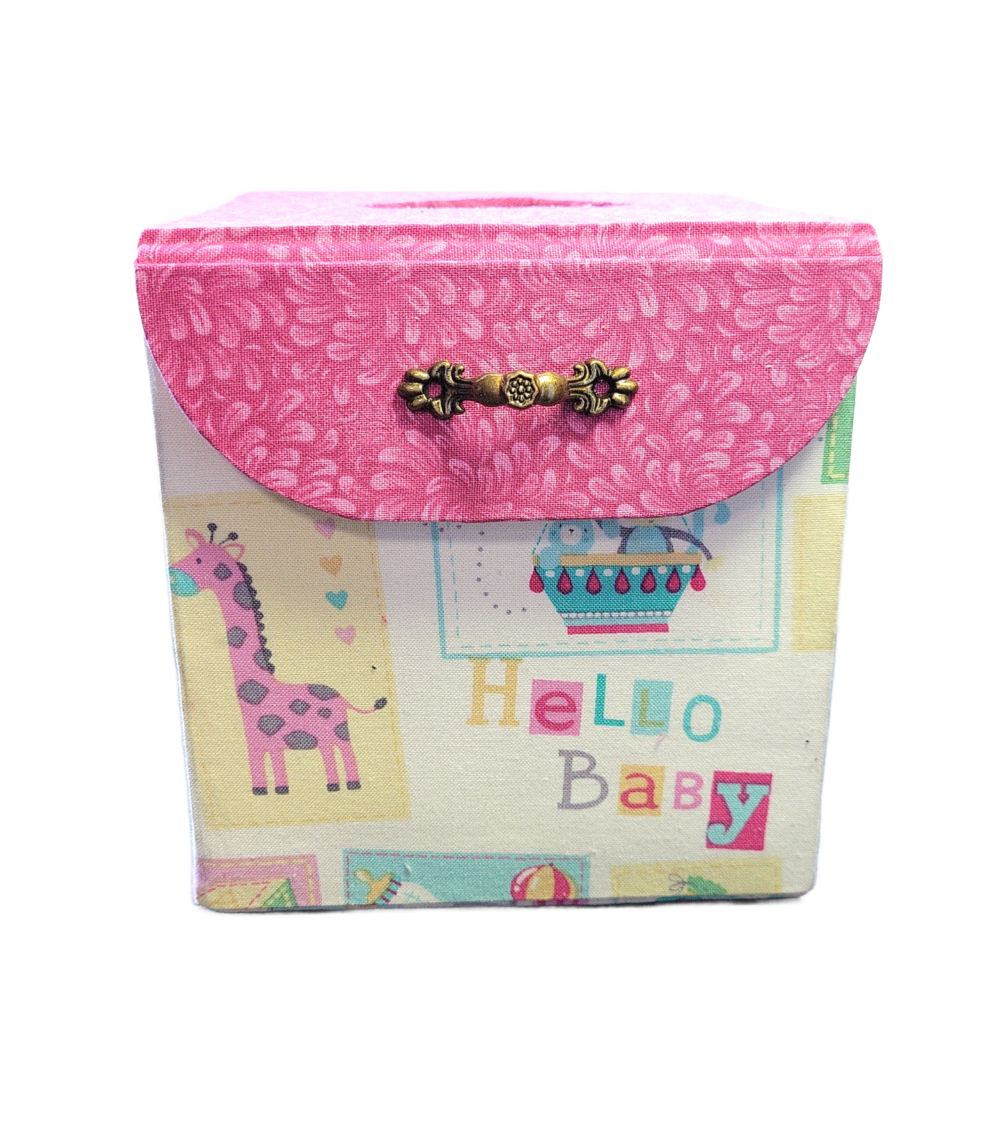 Fabric Covered Tissue Box Holder, Kid's Bedroom Decor, Hello Baby Pink Balloons