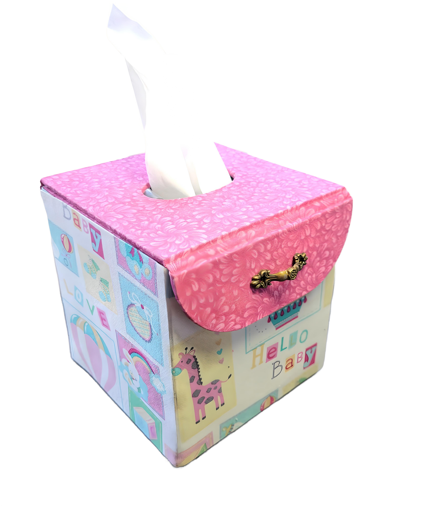 Fabric Covered Tissue Box Holder, Kid's Bedroom Decor, Hello Baby Pink Balloons