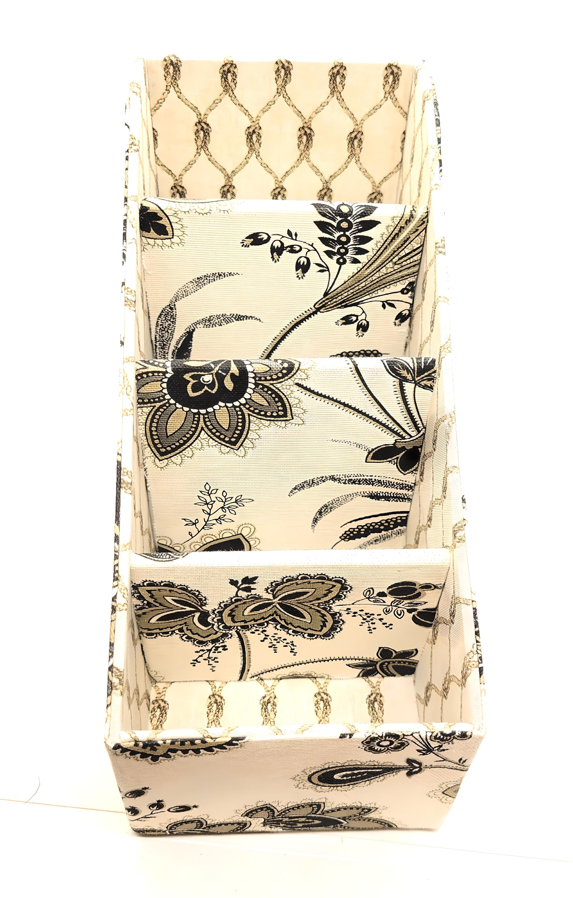 Fabric-Covered Divided Storage Tiered Organizer Box for Desktop or Tabletop - Boho Tropical Flowers on Ivory - Chic Brico