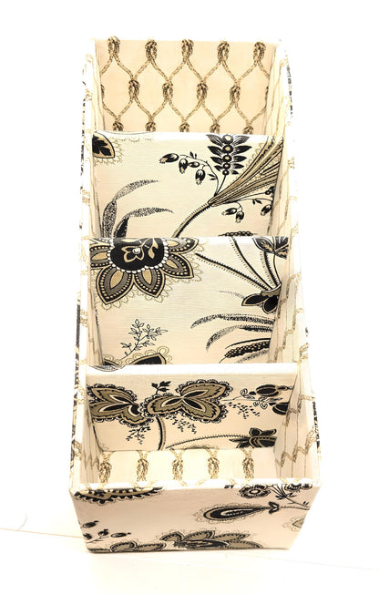 Fabric-Covered Divided Storage Tiered Organizer Box for Desktop or Tabletop - Boho Tropical Flowers on Ivory - Chic Brico