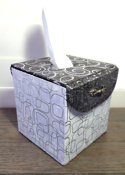 Fabric Covered Tissue Box Holder, Elegant Home, Bath or Bedroom Decor, Metallic Black and Silver Swirls - Chic Brico
