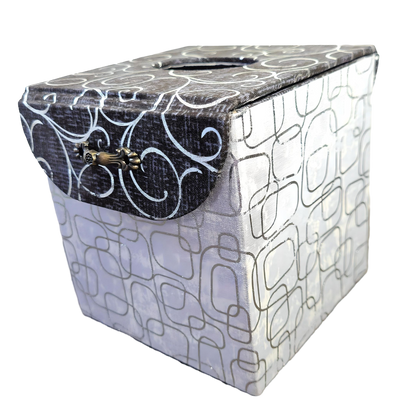 Fabric Covered Tissue Box Holder, Elegant Home, Bath or Bedroom Decor, Metallic Black and Silver Swirls - Chic Brico