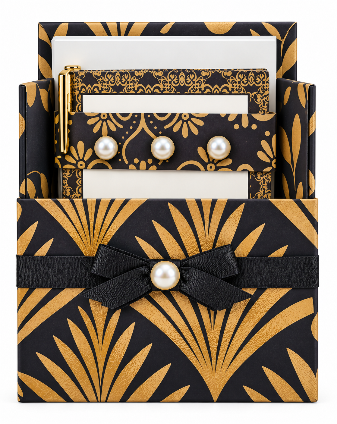 Gilded Gatsby Boxed Stationery Set - 20 Notecards, 20 Envelopes & Gold Pen - Chic Brico