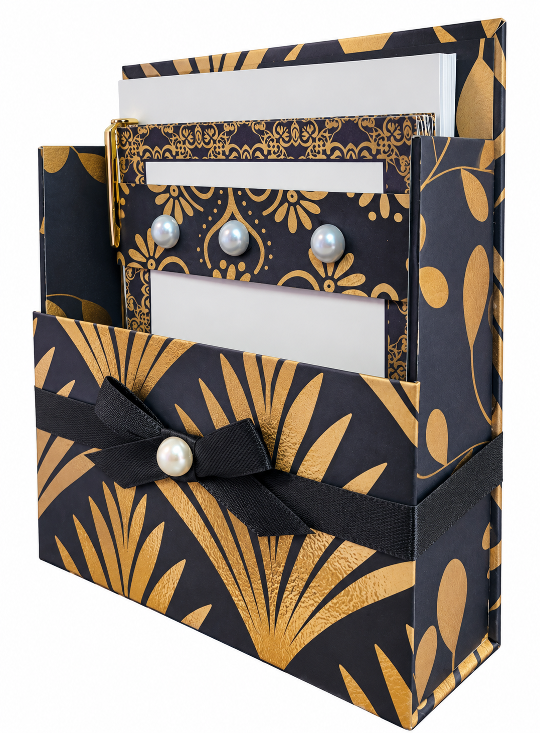 Gilded Gatsby Boxed Stationery Set - 20 Notecards, 20 Envelopes & Gold Pen - Chic Brico