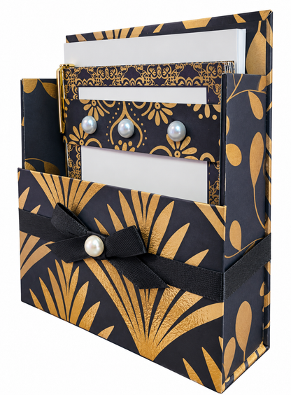 Gilded Gatsby Boxed Stationery Set - 20 Notecards, 20 Envelopes & Gold Pen - Chic Brico