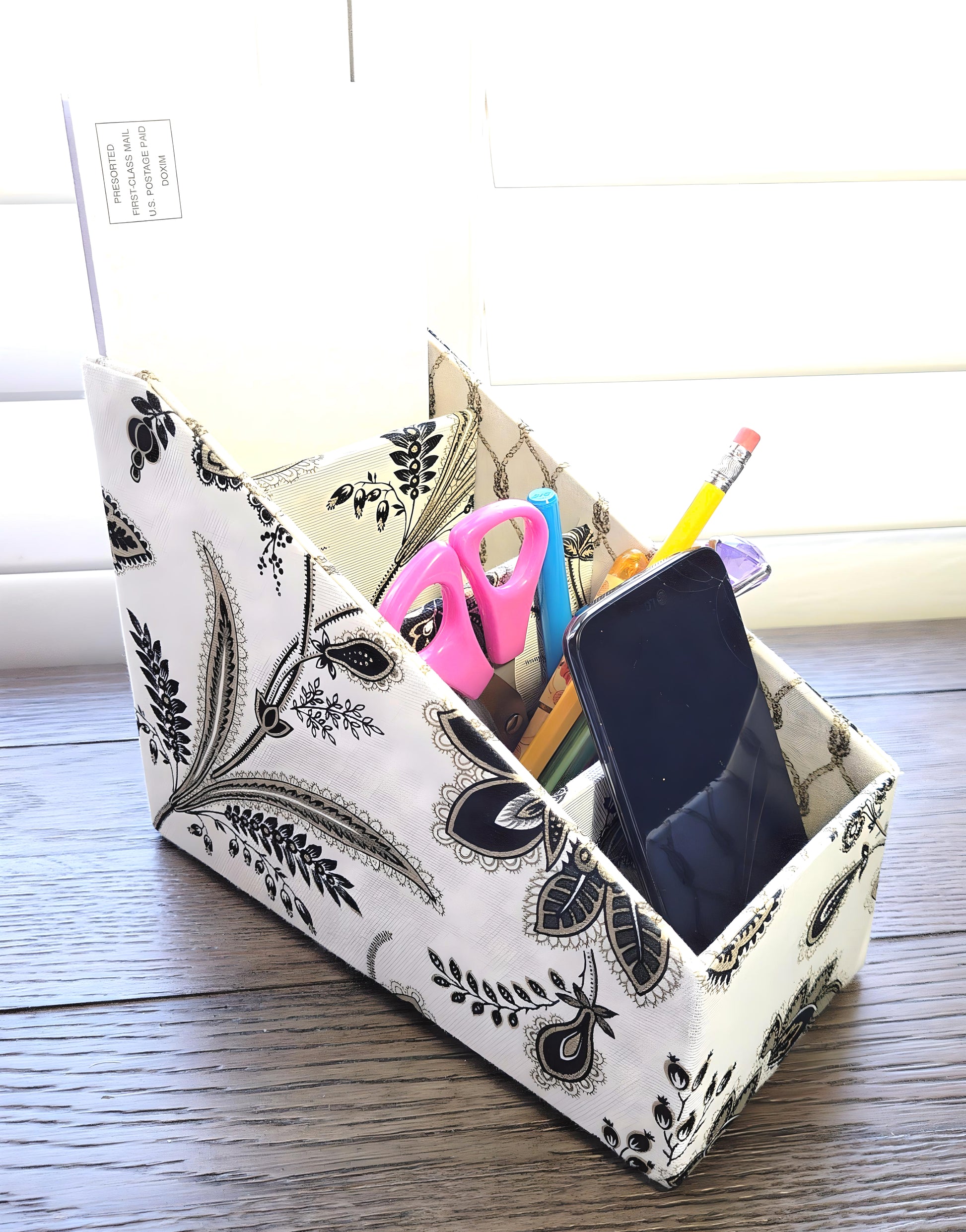 Fabric-Covered Divided Storage Tiered Organizer Box for Desktop or Tabletop - Boho Tropical Flowers on Ivory - Chic Brico