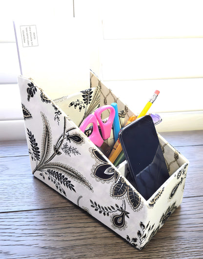 Fabric-Covered Divided Storage Tiered Organizer Box for Desktop or Tabletop - Boho Tropical Flowers on Ivory - Chic Brico