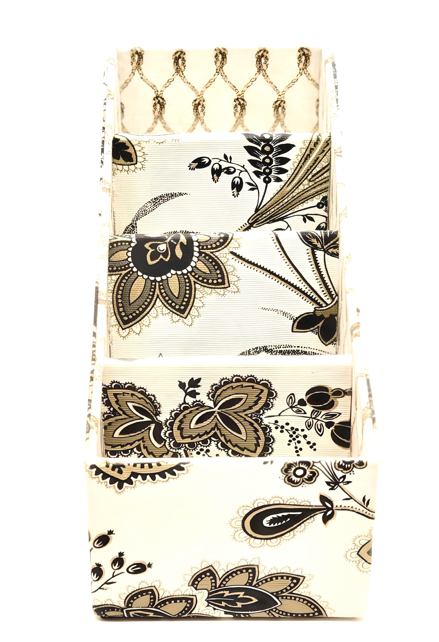 Fabric-Covered Divided Storage Tiered Organizer Box for Desktop or Tabletop - Boho Tropical Flowers on Ivory - Chic Brico