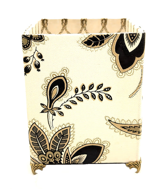 Fabric-Covered Pen Pencil Cosmetics Brushes Holder, Desktop Organizer, Black and Gray Florals on Ivory - Chic Brico