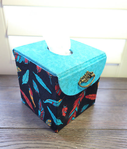 Fabric Covered Tissue Box Holder, Elegant Home, Bath or Bedroom Decor, Native American Feather Print - Chic Brico