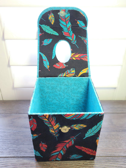Fabric Covered Tissue Box Holder, Elegant Home, Bath or Bedroom Decor, Native American Feather Print - Chic Brico