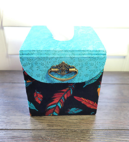Fabric Covered Tissue Box Holder, Elegant Home, Bath or Bedroom Decor, Native American Feather Print - Chic Brico