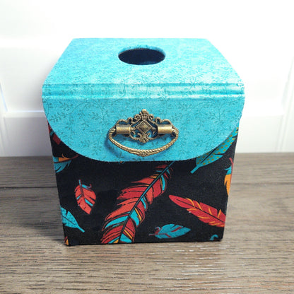 Fabric Covered Tissue Box Holder, Elegant Home, Bath or Bedroom Decor, Native American Feather Print - Chic Brico