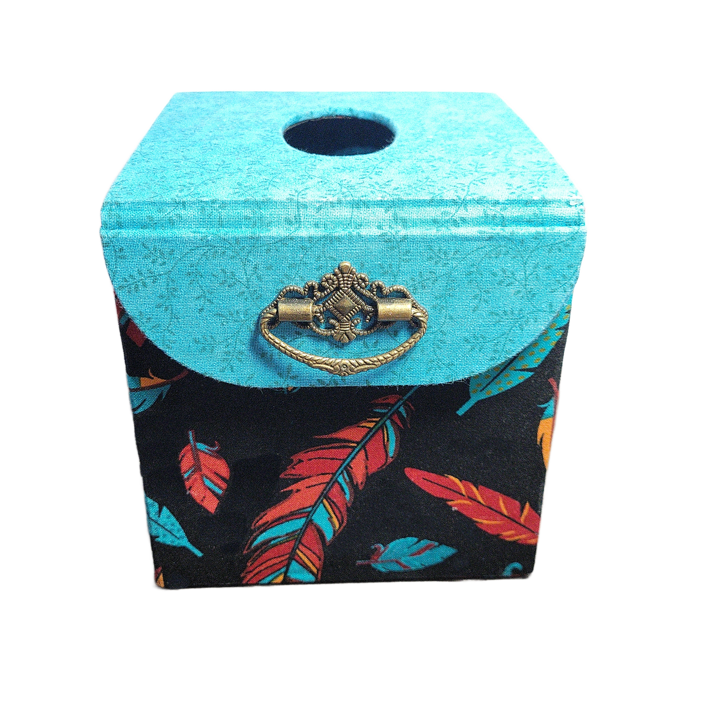 Fabric Covered Tissue Box Holder, Elegant Home, Bath or Bedroom Decor, Native American Feather Print