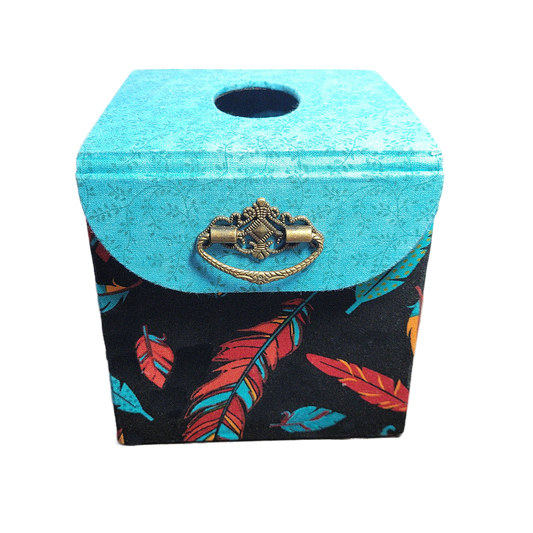 Fabric Covered Tissue Box Holder, Elegant Home, Bath or Bedroom Decor, Native American Feather Print - Chic Brico