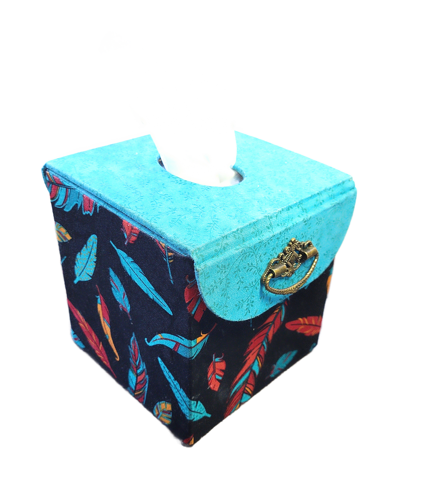 Fabric Covered Tissue Box Holder, Elegant Home, Bath or Bedroom Decor, Native American Feather Print