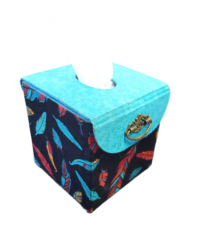 Fabric Covered Tissue Box Holder, Elegant Home, Bath or Bedroom Decor, Native American Feather Print - Chic Brico