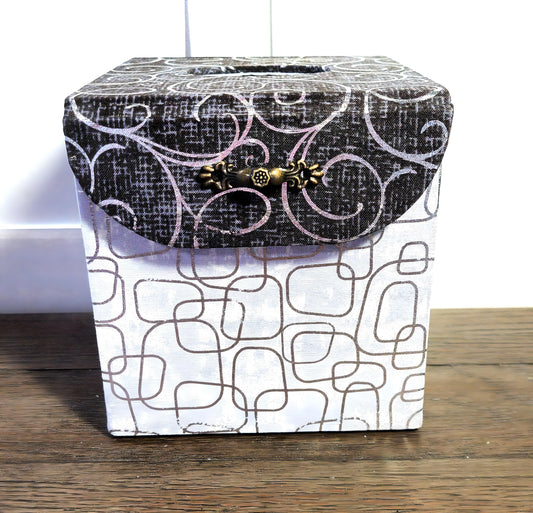 Fabric Covered Tissue Box Holder, Elegant Home, Bath or Bedroom Decor, Metallic Black and Silver Swirls - Chic Brico