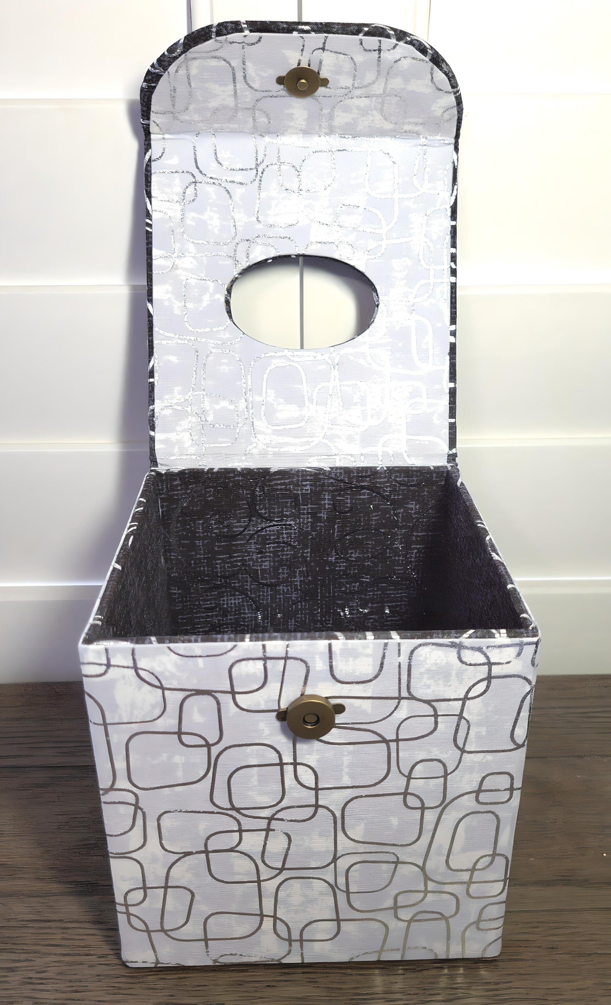 Fabric Covered Tissue Box Holder, Elegant Home, Bath or Bedroom Decor, Metallic Black and Silver Swirls - Chic Brico