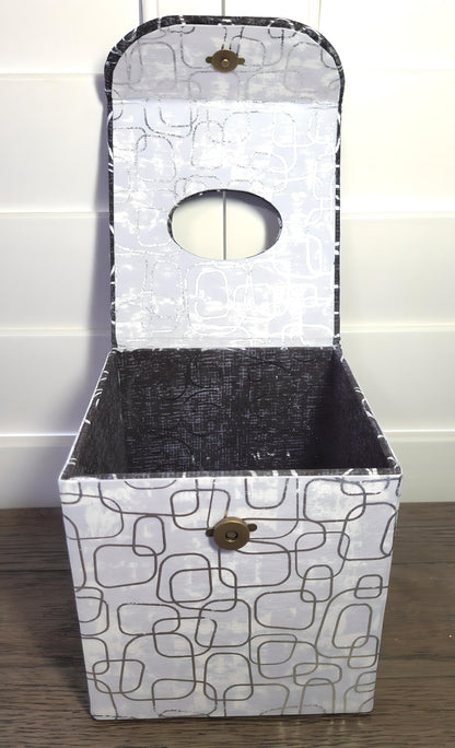Fabric Covered Tissue Box Holder, Elegant Home, Bath or Bedroom Decor, Metallic Black and Silver Swirls - Chic Brico