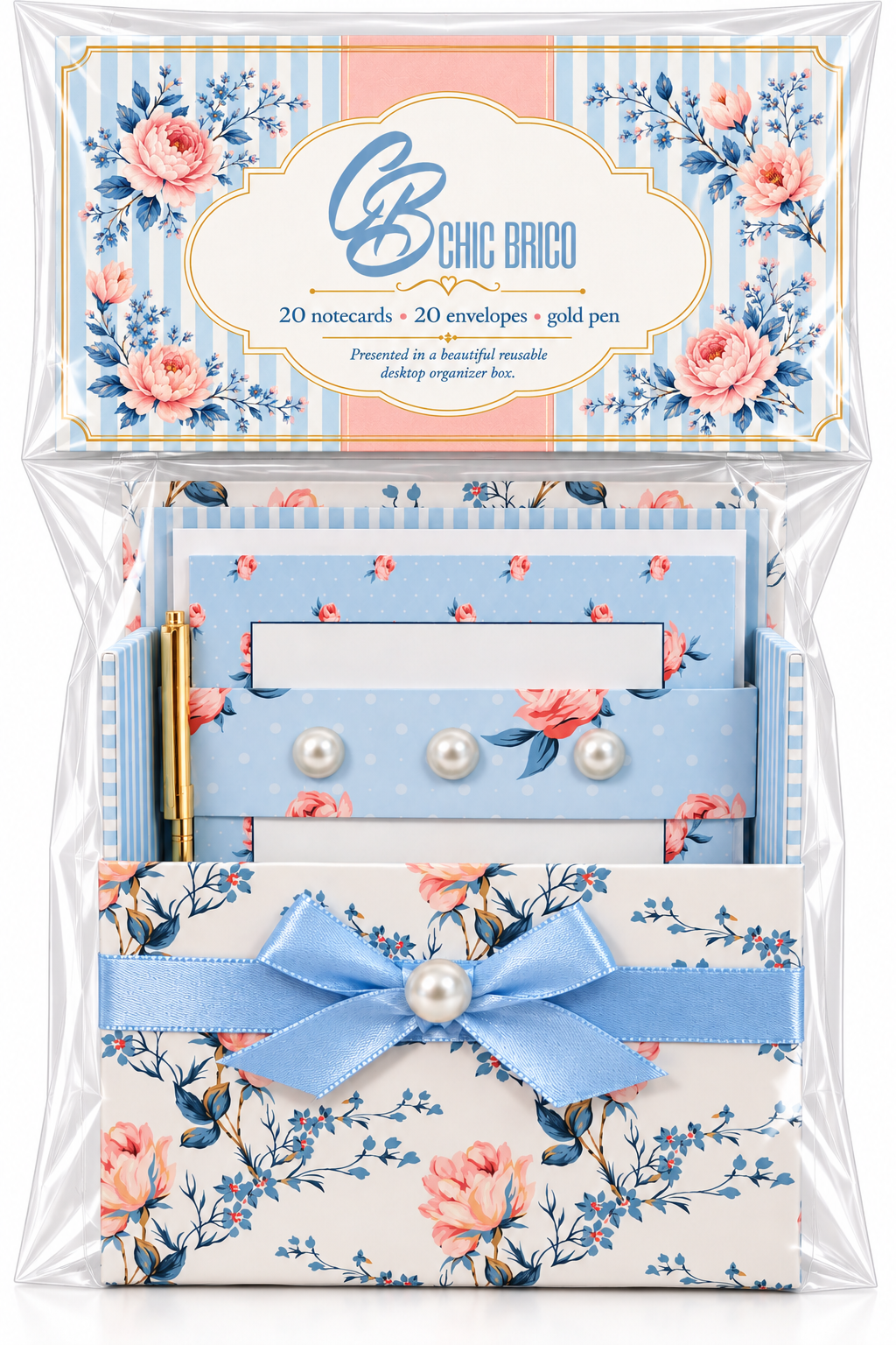 Bluebell & Blush Boxed Stationery Set – 20 Notecards, 20 Envelopes & Gold Pen - Chic Brico