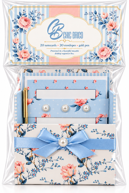 Bluebell & Blush Boxed Stationery Set – 20 Notecards, 20 Envelopes & Gold Pen - Chic Brico