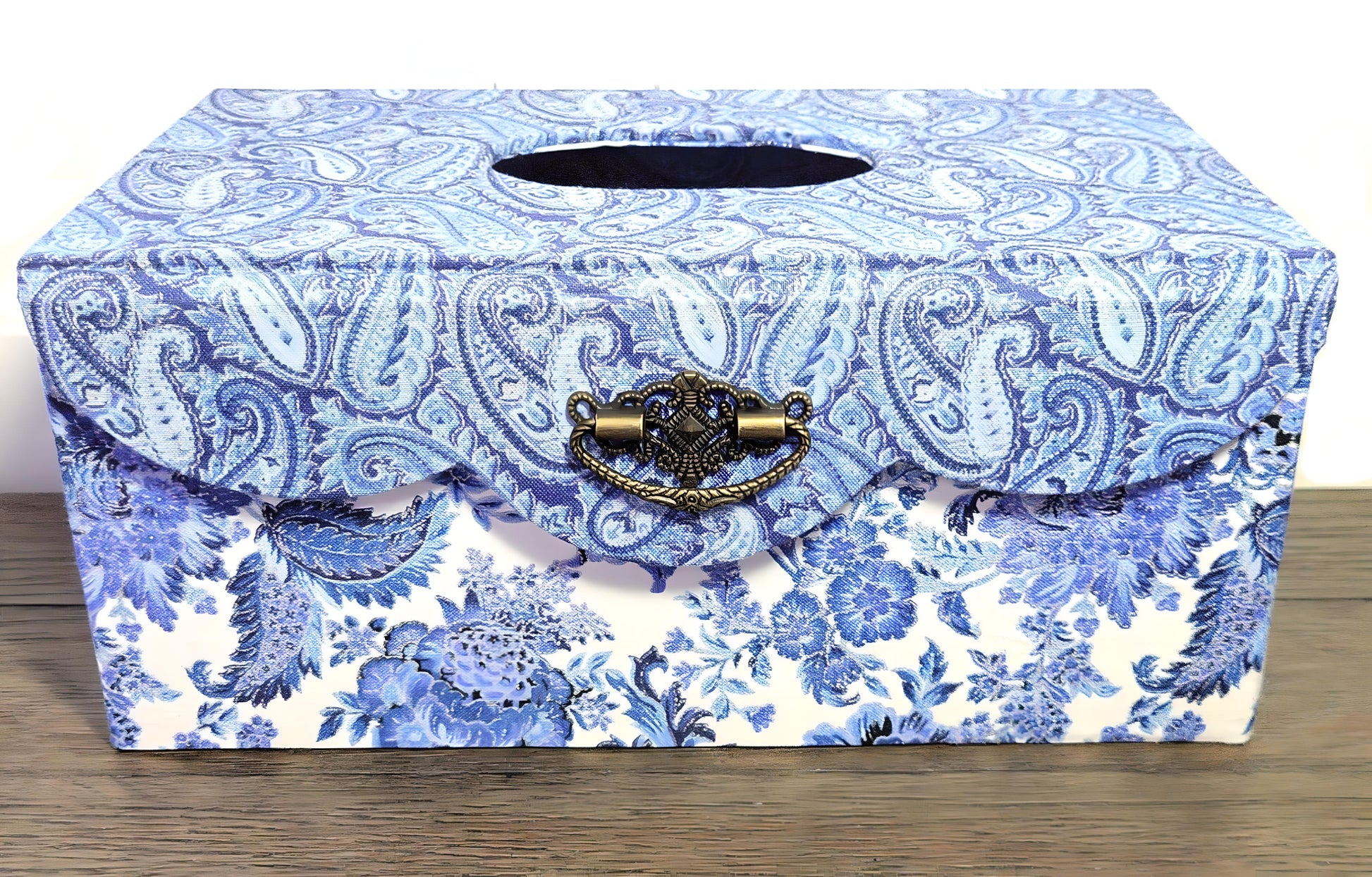 Fabric Covered Rectangle Tissue Box Holder, Elegant Home, Bath or Bedroom Decor, Delft Blue, White and Silver Paisley - Chic Brico
