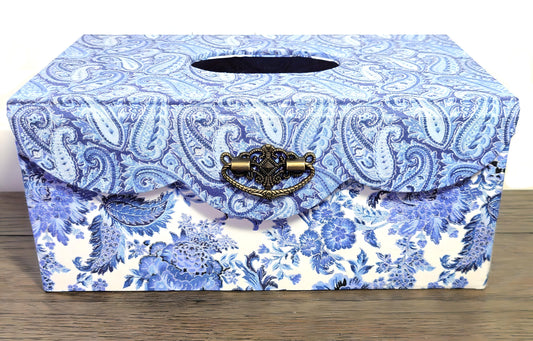 Fabric Covered Rectangle Tissue Box Holder, Elegant Home, Bath or Bedroom Decor, Delft Blue, White and Silver Paisley - Chic Brico