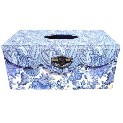 Fabric Covered Rectangle Tissue Box Holder, Elegant Home, Bath or Bedroom Decor, Delft Blue, White and Silver Paisley - Chic Brico