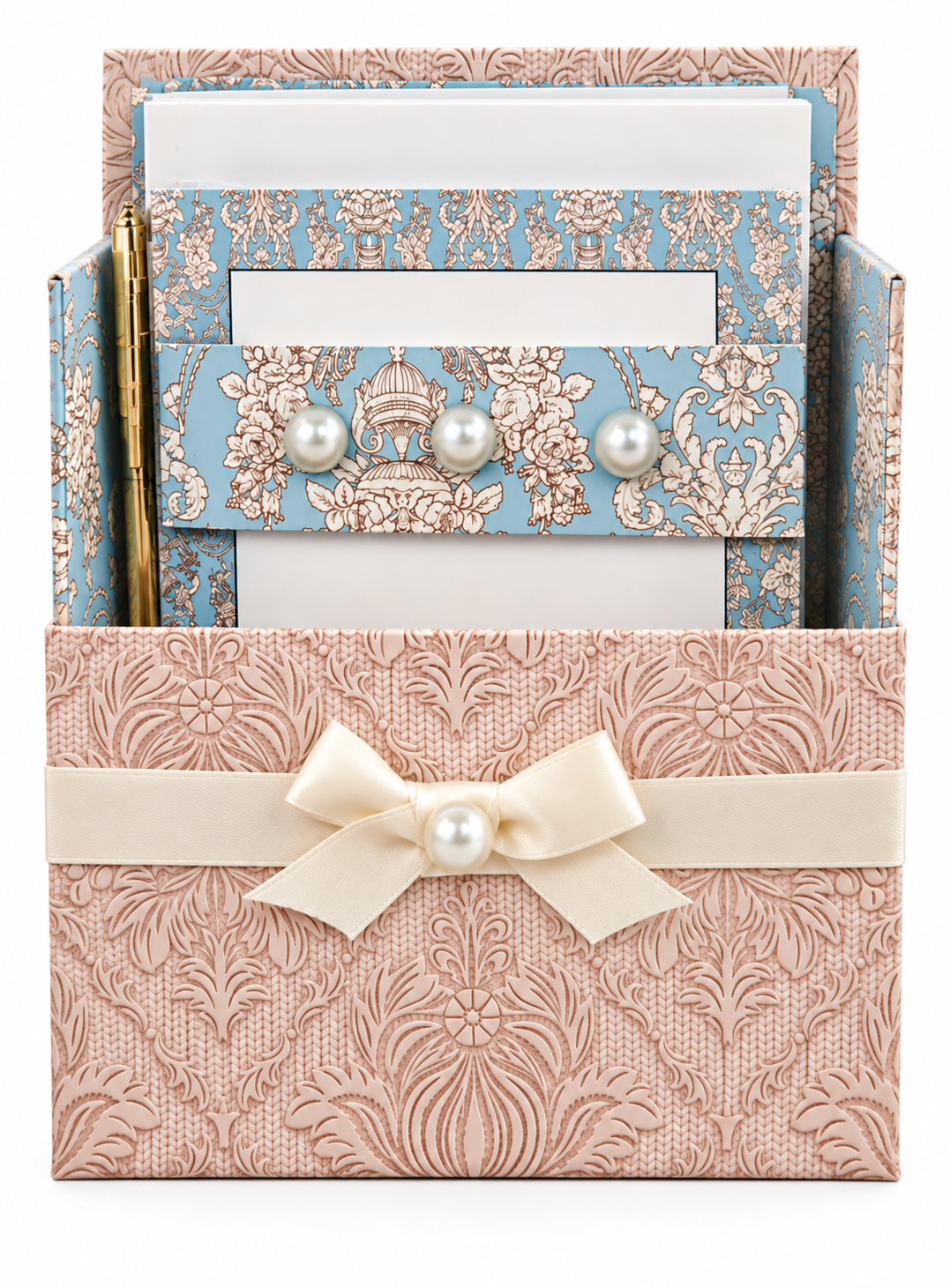 Blue Chateau Boxed Stationery Set – 20 Notecards, 20 Envelopes & Gold Pen