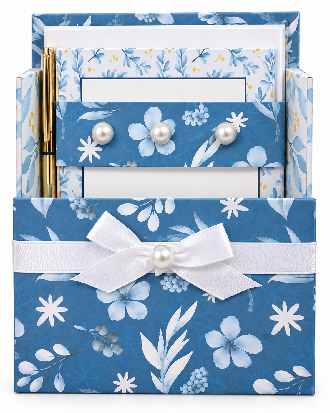 Blue Botanical Bliss Boxed Stationery Set – 20 Notecards, 20 Envelopes & Gold Pen