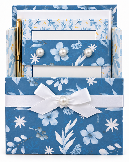 Blue Botanical Bliss Boxed Stationery Set – 20 Notecards, 20 Envelopes & Gold Pen