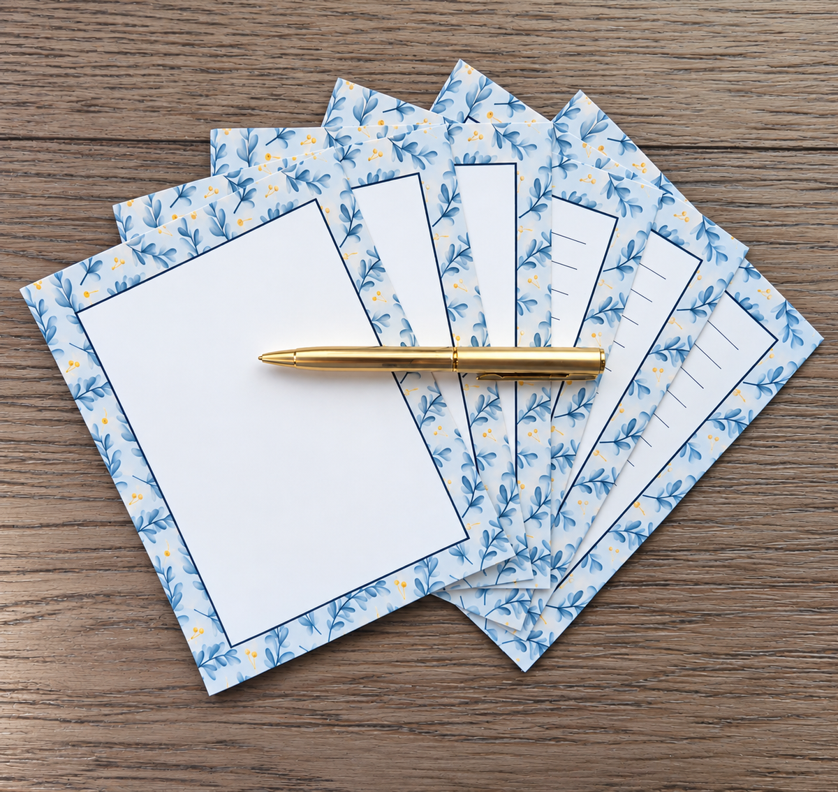 Blue Botanical Bliss Boxed Stationery Set – 20 Notecards, 20 Envelopes & Gold Pen