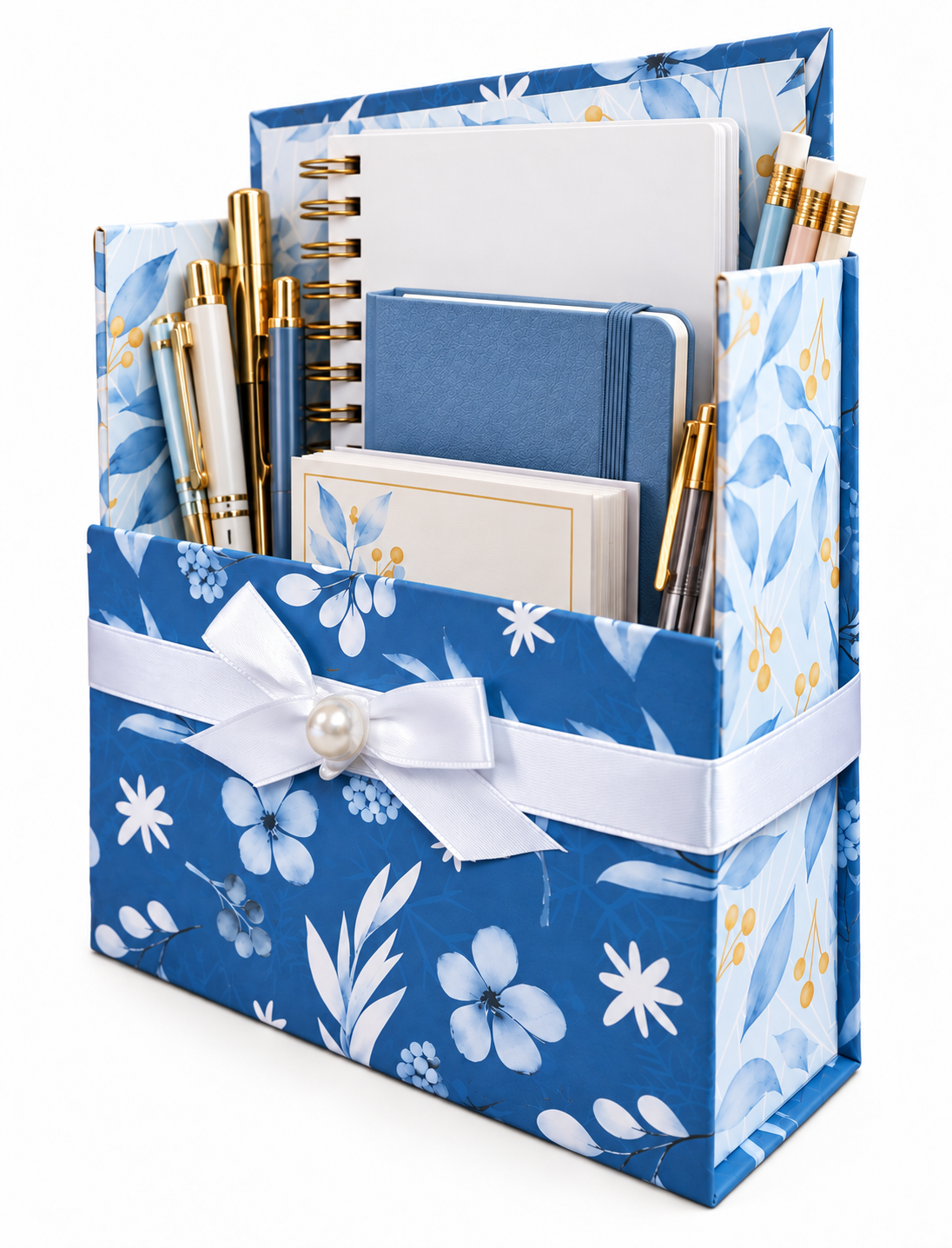 Blue Botanical Bliss Boxed Stationery Set – 20 Notecards, 20 Envelopes & Gold Pen
